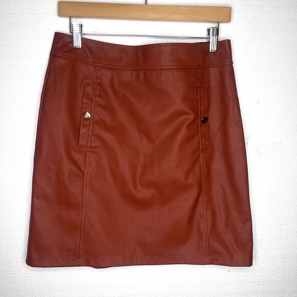 Ann Taylor Loft Brown Vegan Leather A Line Skirt Front Pockets size 6 - Picture 1 of 6